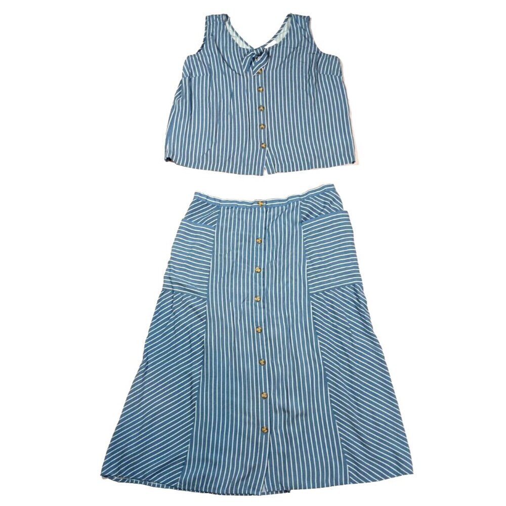 J Jill L Skirt Set Womens Matching Striped Sleeveless Pockets Button Cottagecore